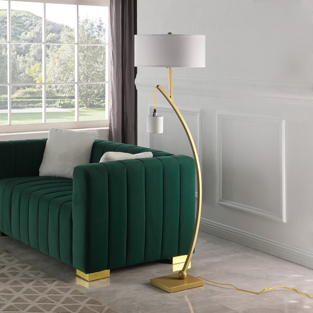 59" Gold And White Arc Floor Lamp With White Fabric Drum Shade — view 2