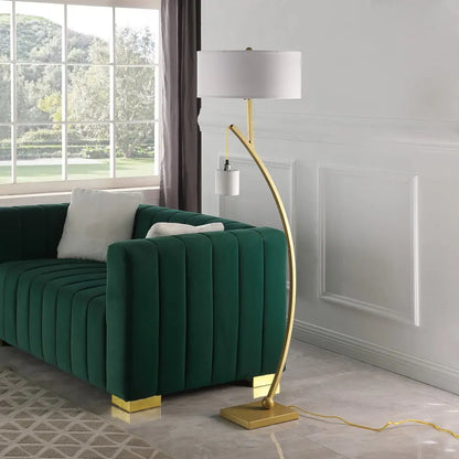59" Gold And White Arc Floor Lamp With White Fabric Drum Shade HomeRoots