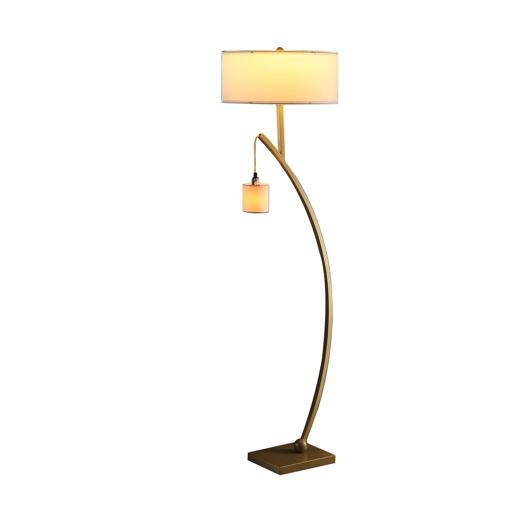 59" Gold And White Arc Floor Lamp With White Fabric Drum Shade — view 3