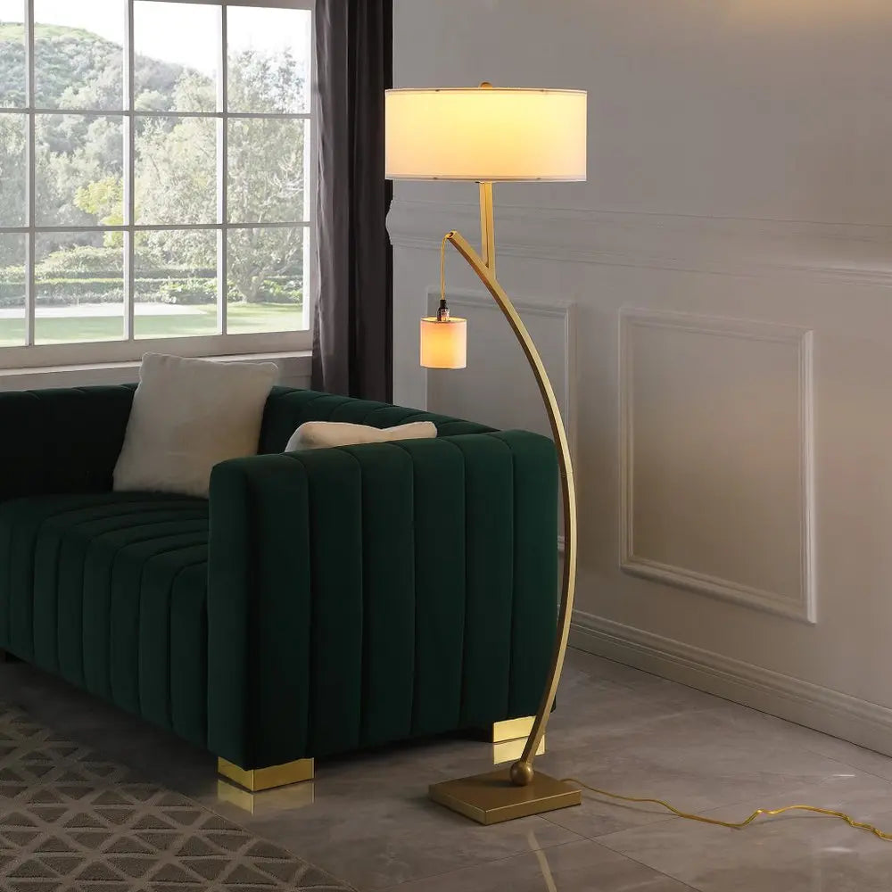 59" Gold And White Arc Floor Lamp With White Fabric Drum Shade HomeRoots