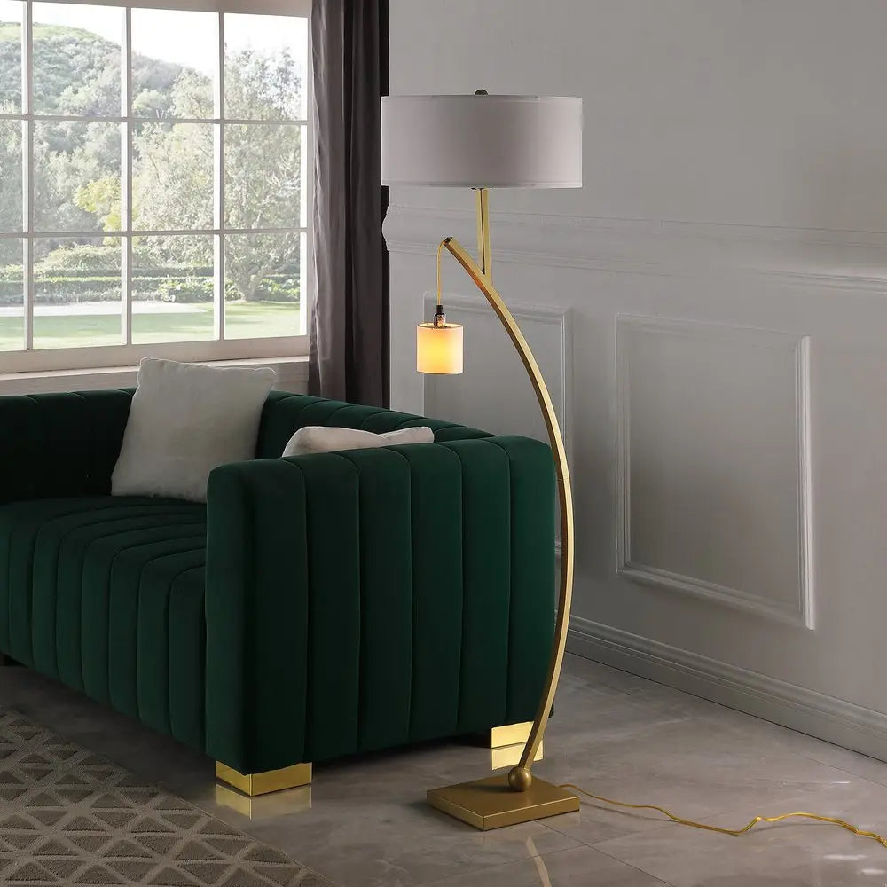 59" Gold And White Arc Floor Lamp With White Fabric Drum Shade HomeRoots