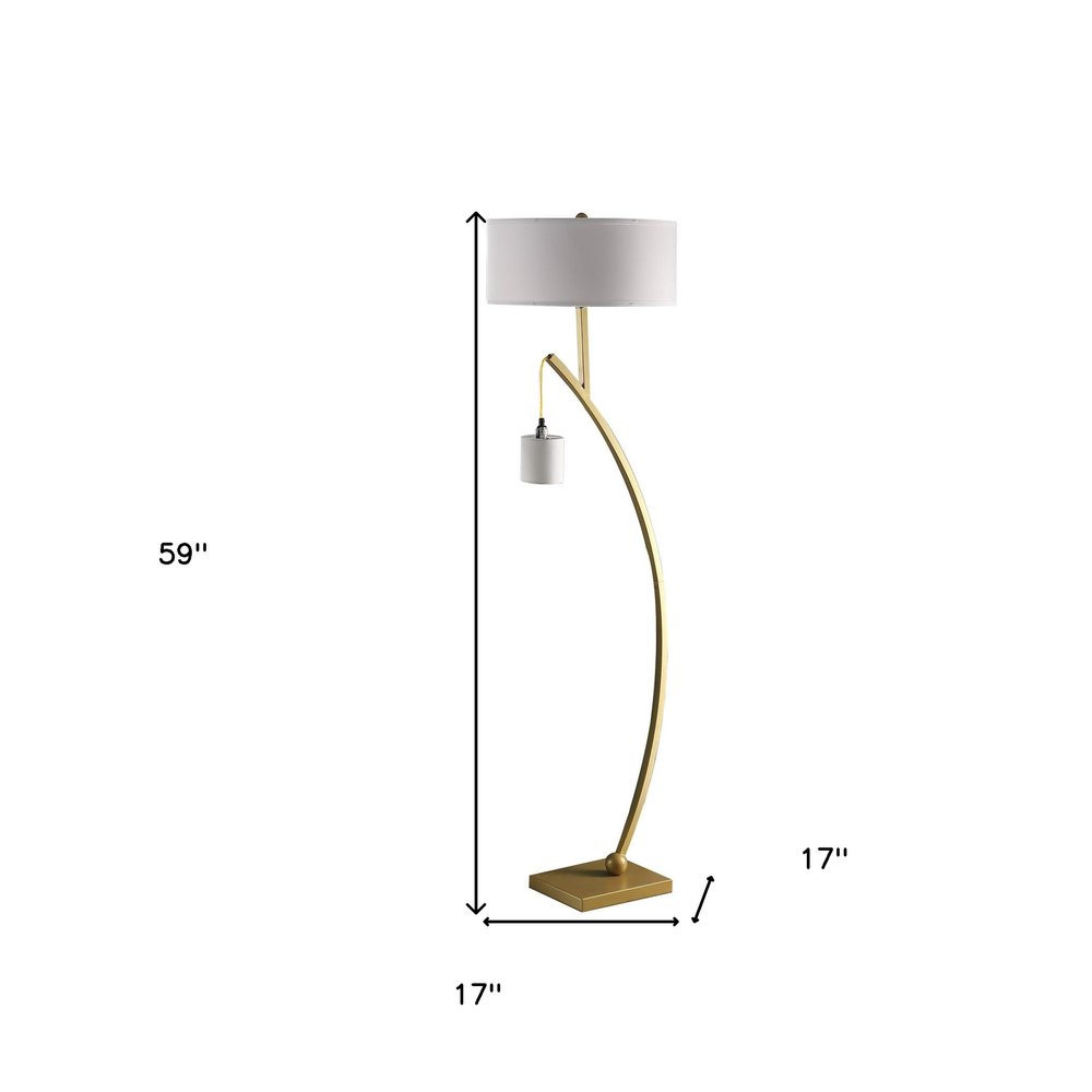 59" Gold And White Arc Floor Lamp With White Fabric Drum Shade — view 6