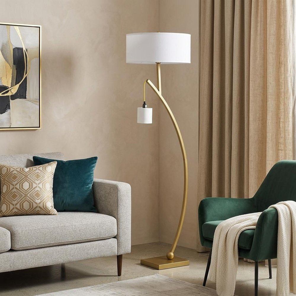 59" Gold And White Arc Floor Lamp With White Fabric Drum Shade HomeRoots