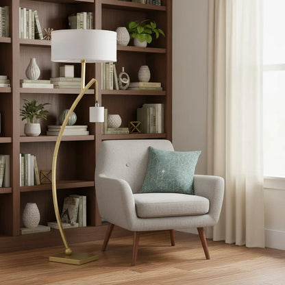 59" Gold And White Arc Floor Lamp With White Fabric Drum Shade HomeRoots