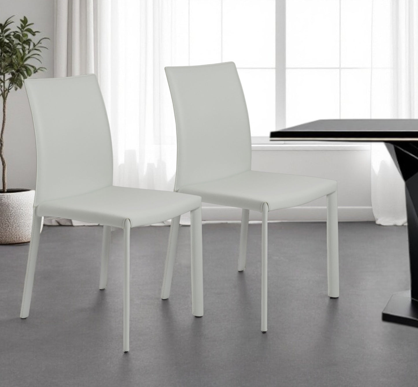 Set of Two White Upholstered Leather Dining Side Chairs