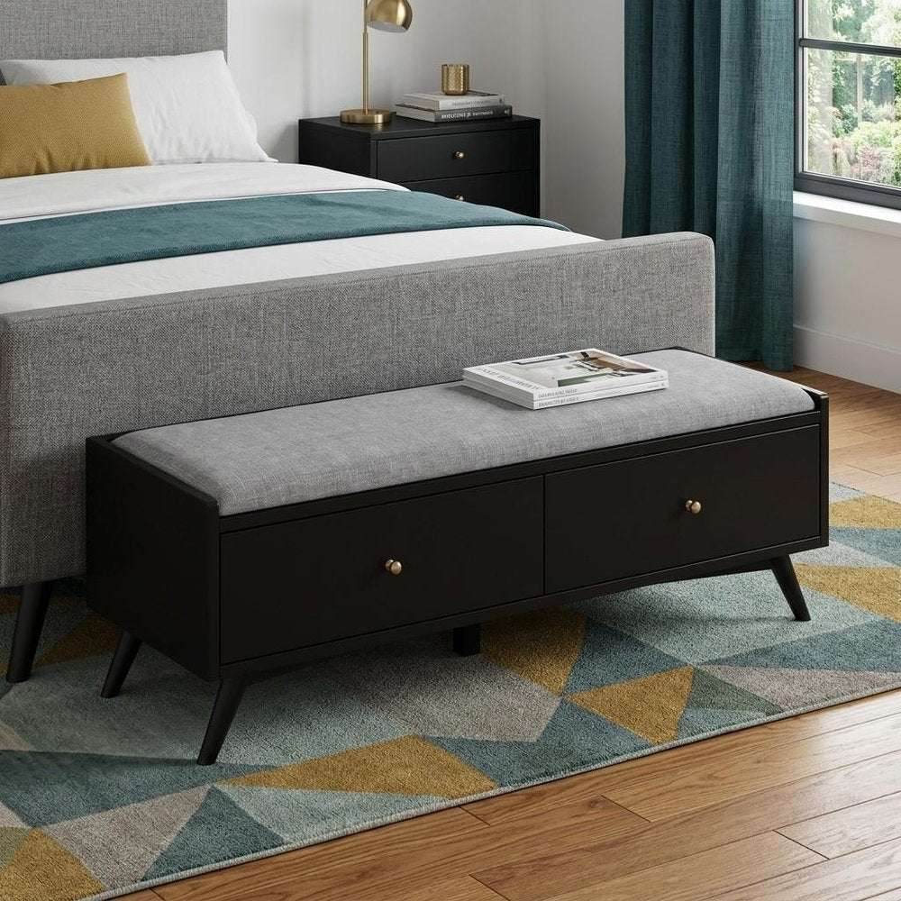 59" Gray and Black Fabric Upholstered Storage Bench with Drawers HomeRoots