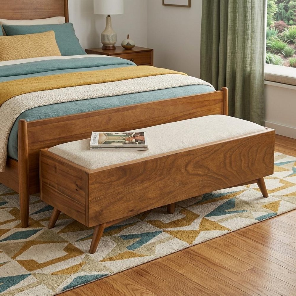 59" Beige and Brown Upholstered Polyester Blend Bench with Drawers HomeRoots