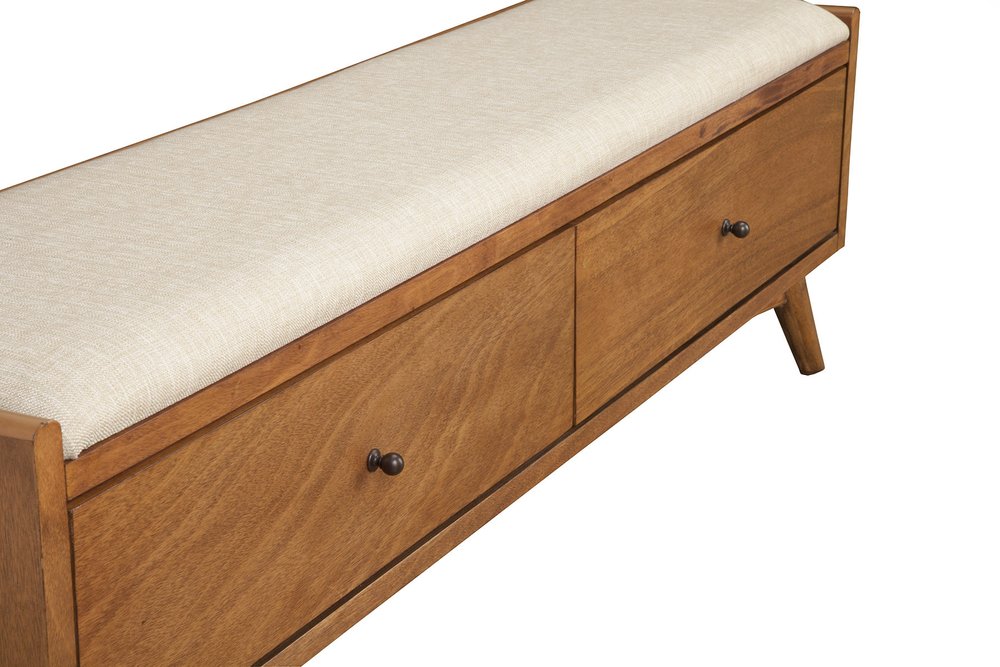59" Beige and Brown Upholstered Polyester Blend Bench with Drawers HomeRoots