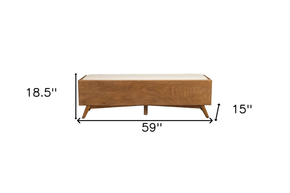 59" Beige and Brown Upholstered Polyester Blend Bench with Drawers HomeRoots