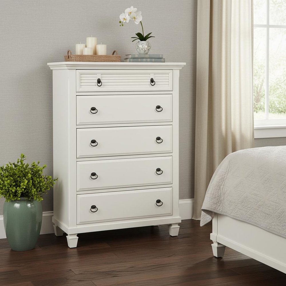 38" White Solid Wood Five Drawer Chest HomeRoots