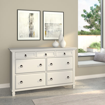 62" White Solid Wood Seven Drawer Double Dresser