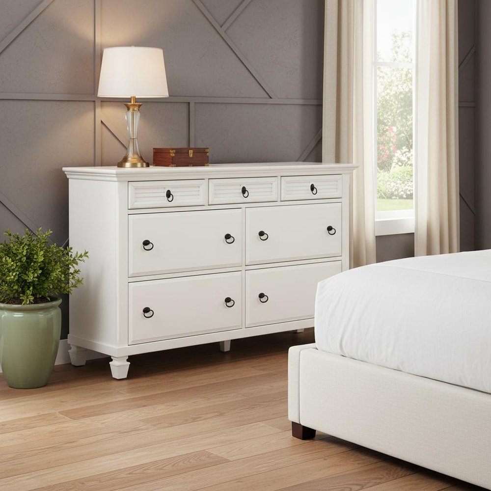 62" White Solid Wood Seven Drawer Double Dresser HomeRoots