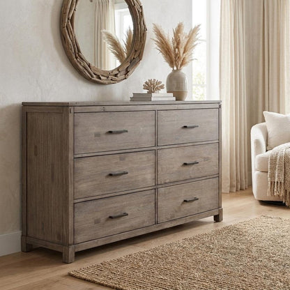 60" Gray Solid Wood Six Drawer Double Dresser