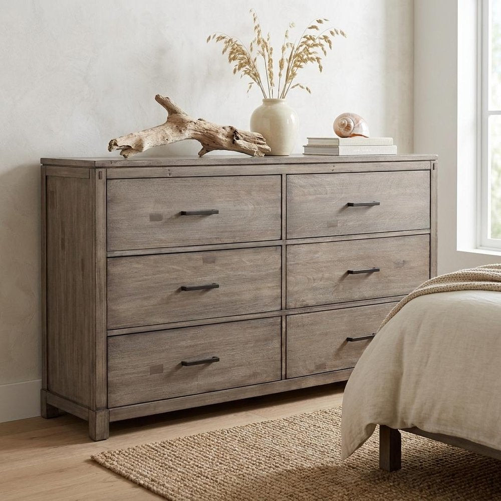 60" Gray Solid Wood Six Drawer Double Dresser — view 7