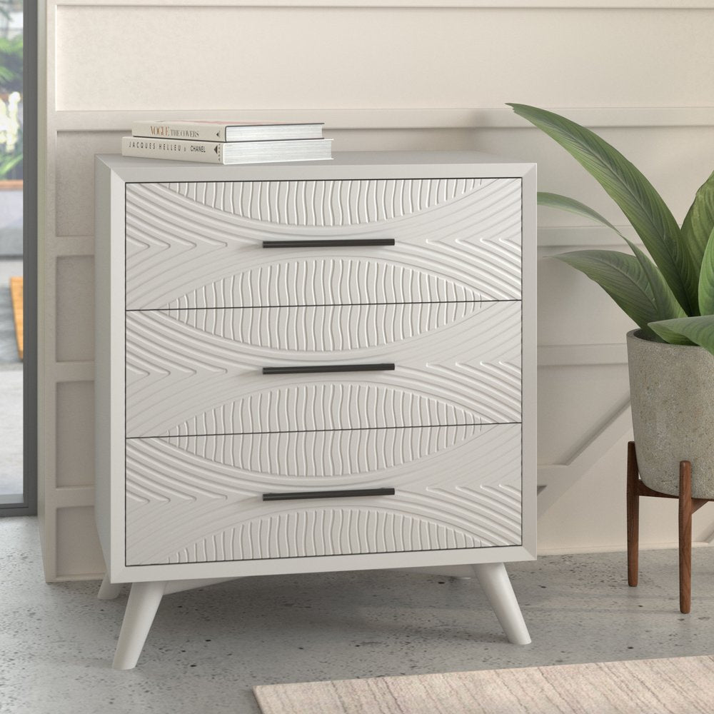 34" White Carved Geometric Solid Wood Three Drawer Dresser — view 1