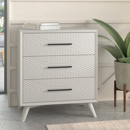 34" White Carved Geometric Solid Wood Three Drawer Dresser