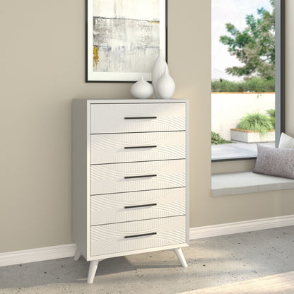 34" White Carved Geometric Solid Wood Five Drawer Dresser HomeRoots