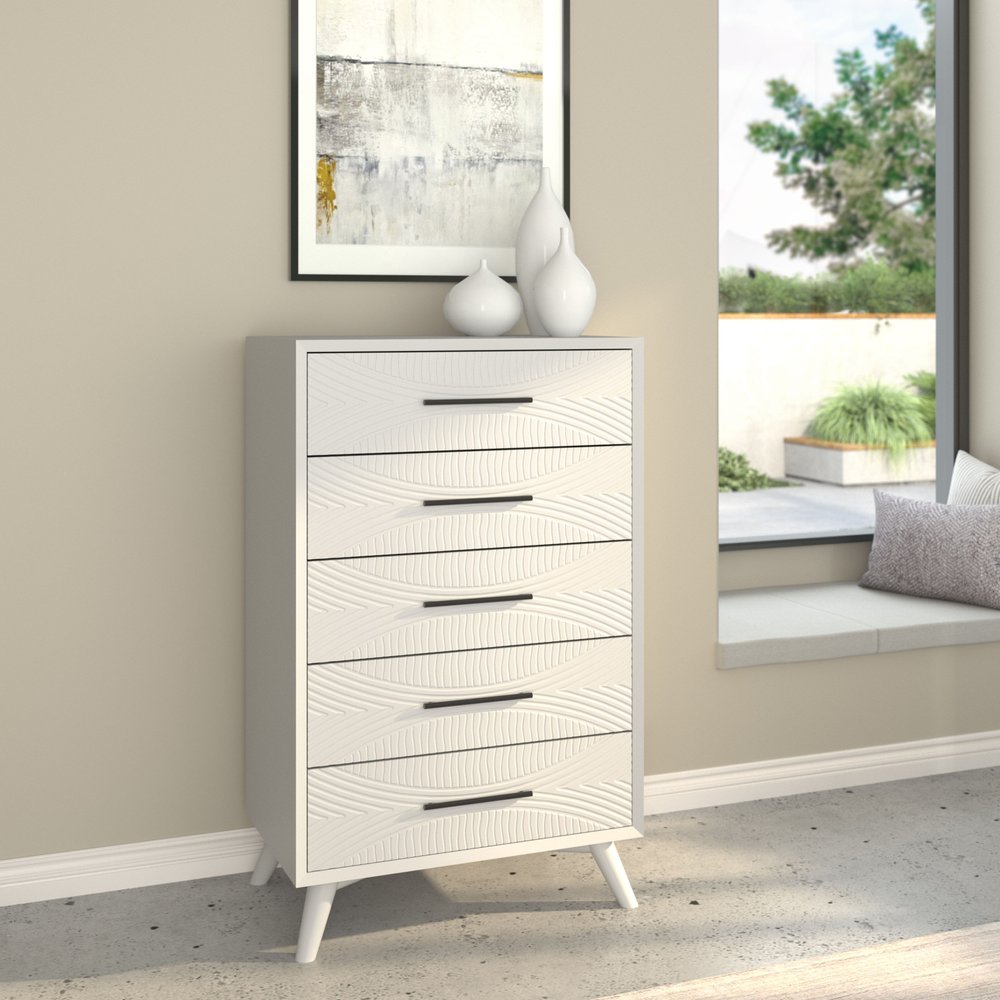 34" White Carved Geometric Solid Wood Five Drawer Dresser — view 1