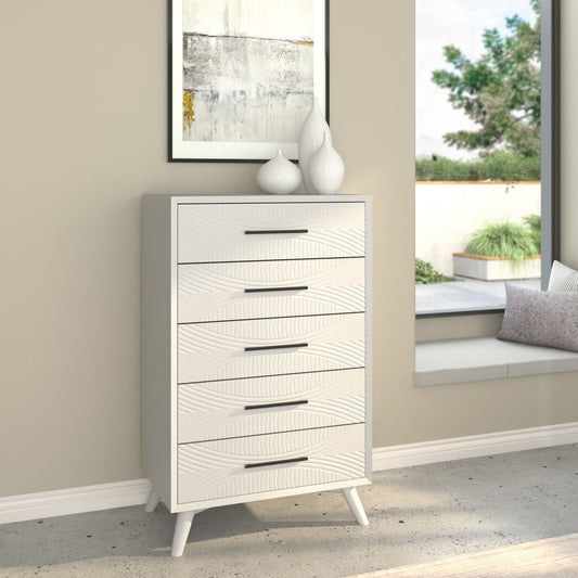 34" White Carved Geometric Solid Wood Five Drawer Dresser HomeRoots