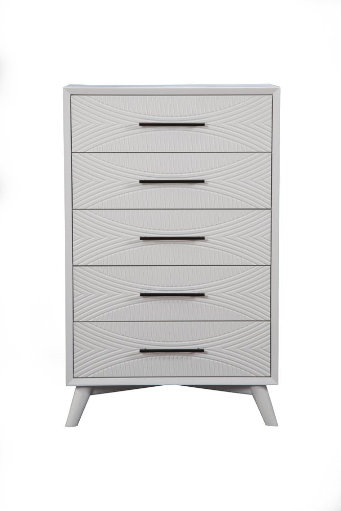 34" White Carved Geometric Solid Wood Five Drawer Dresser HomeRoots