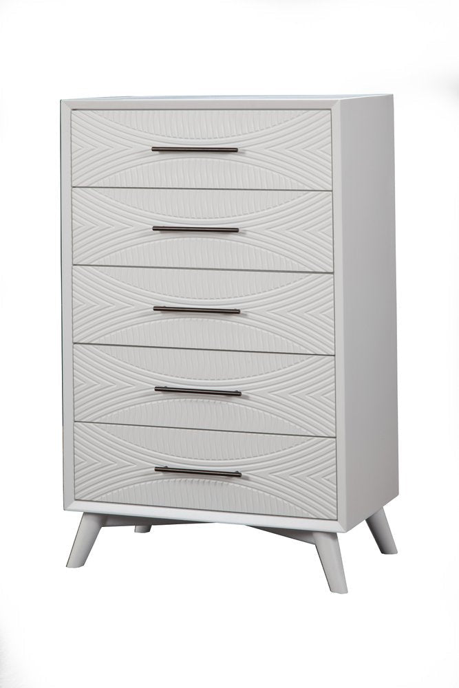 34" White Carved Geometric Solid Wood Five Drawer Dresser HomeRoots