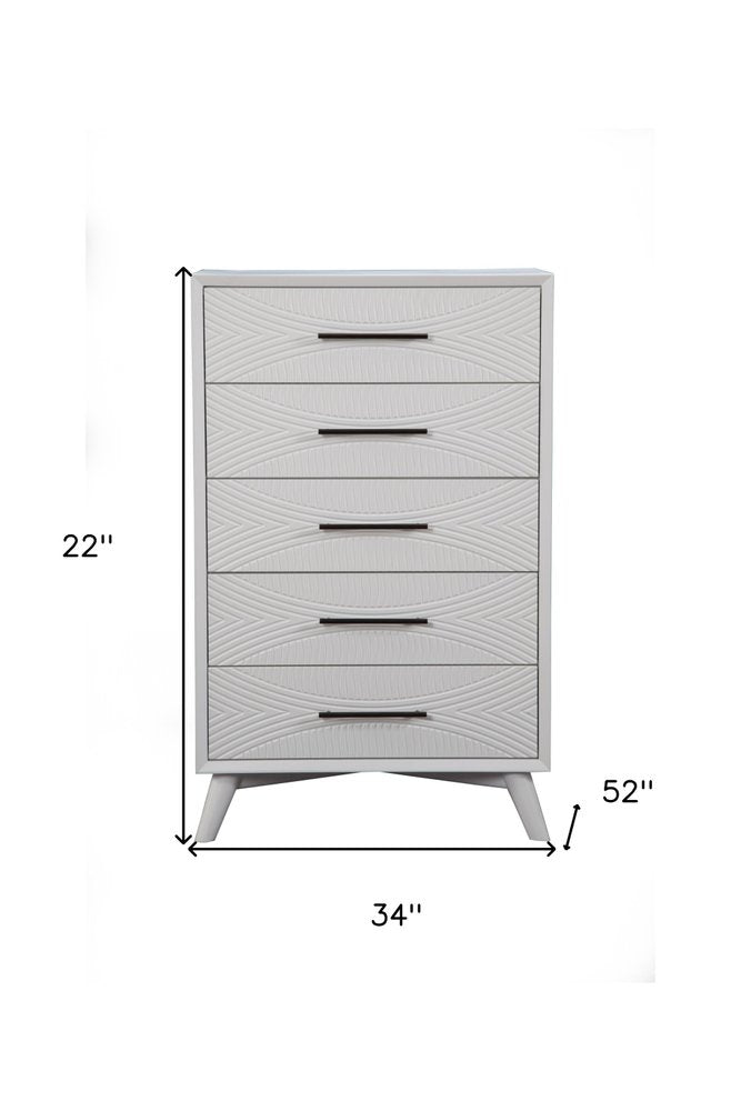 34" White Carved Geometric Solid Wood Five Drawer Dresser — view 4