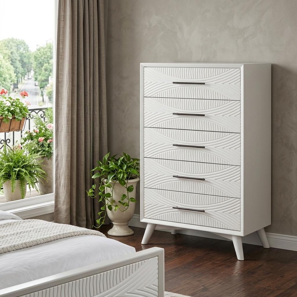 34" White Carved Geometric Solid Wood Five Drawer Dresser HomeRoots