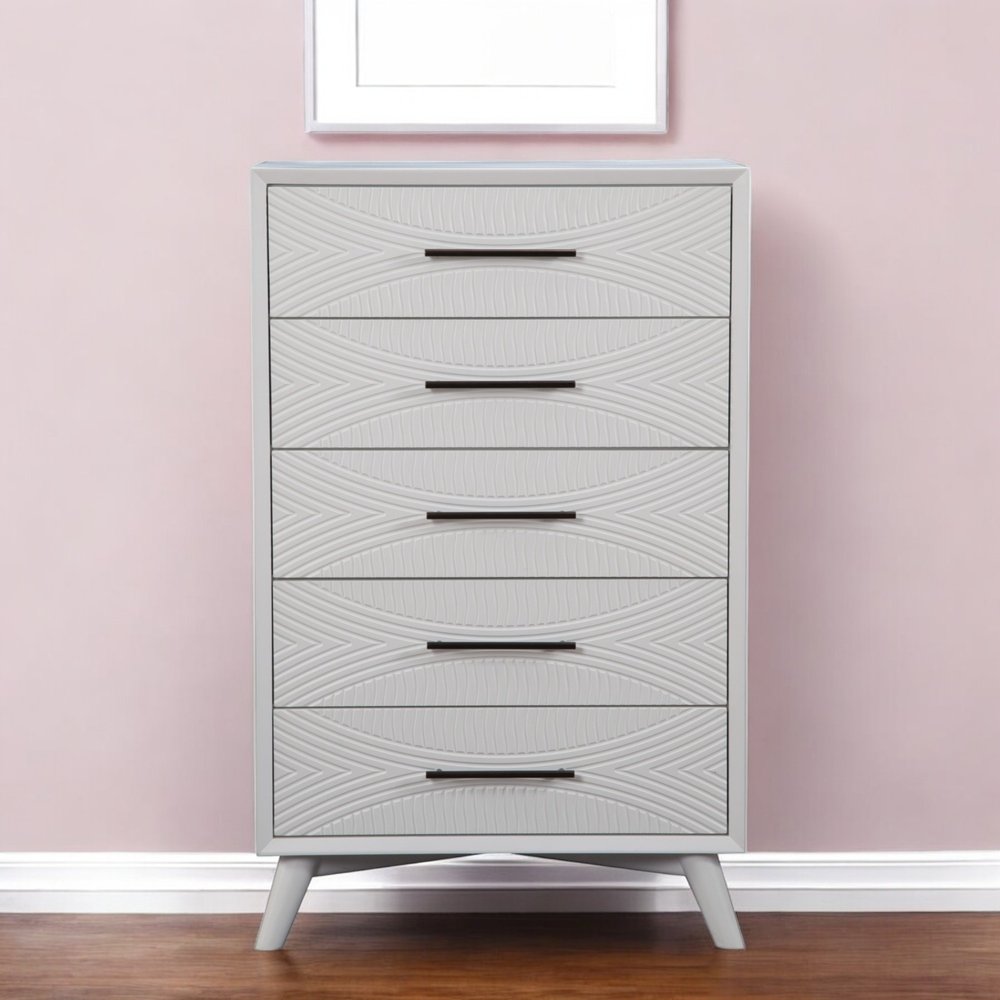 34" White Carved Geometric Solid Wood Five Drawer Dresser HomeRoots