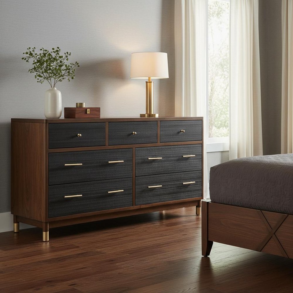 62" Brown And Black Solid Wood Seven Drawer Double Dresser HomeRoots