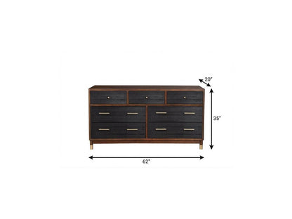 62" Brown And Black Solid Wood Seven Drawer Double Dresser HomeRoots