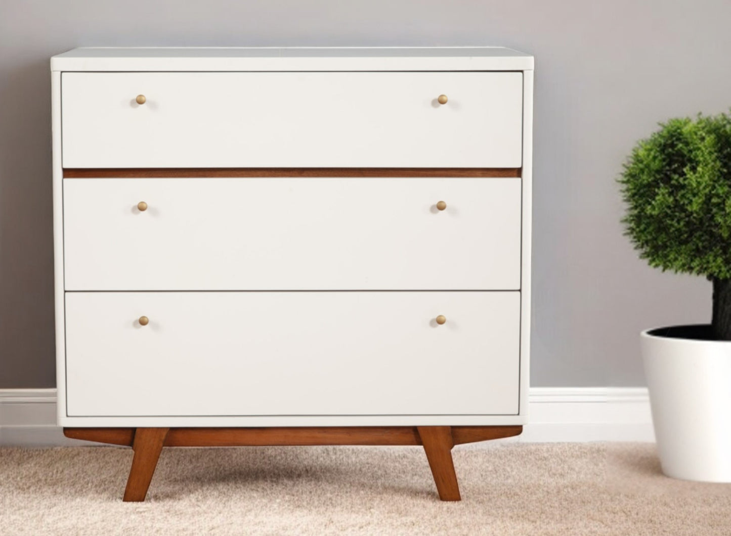 36" Brown and White Solid Wood Three Drawer Chest