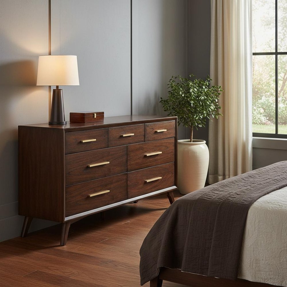 60" Walnut Solid Wood Seven Drawer Double Dresser HomeRoots