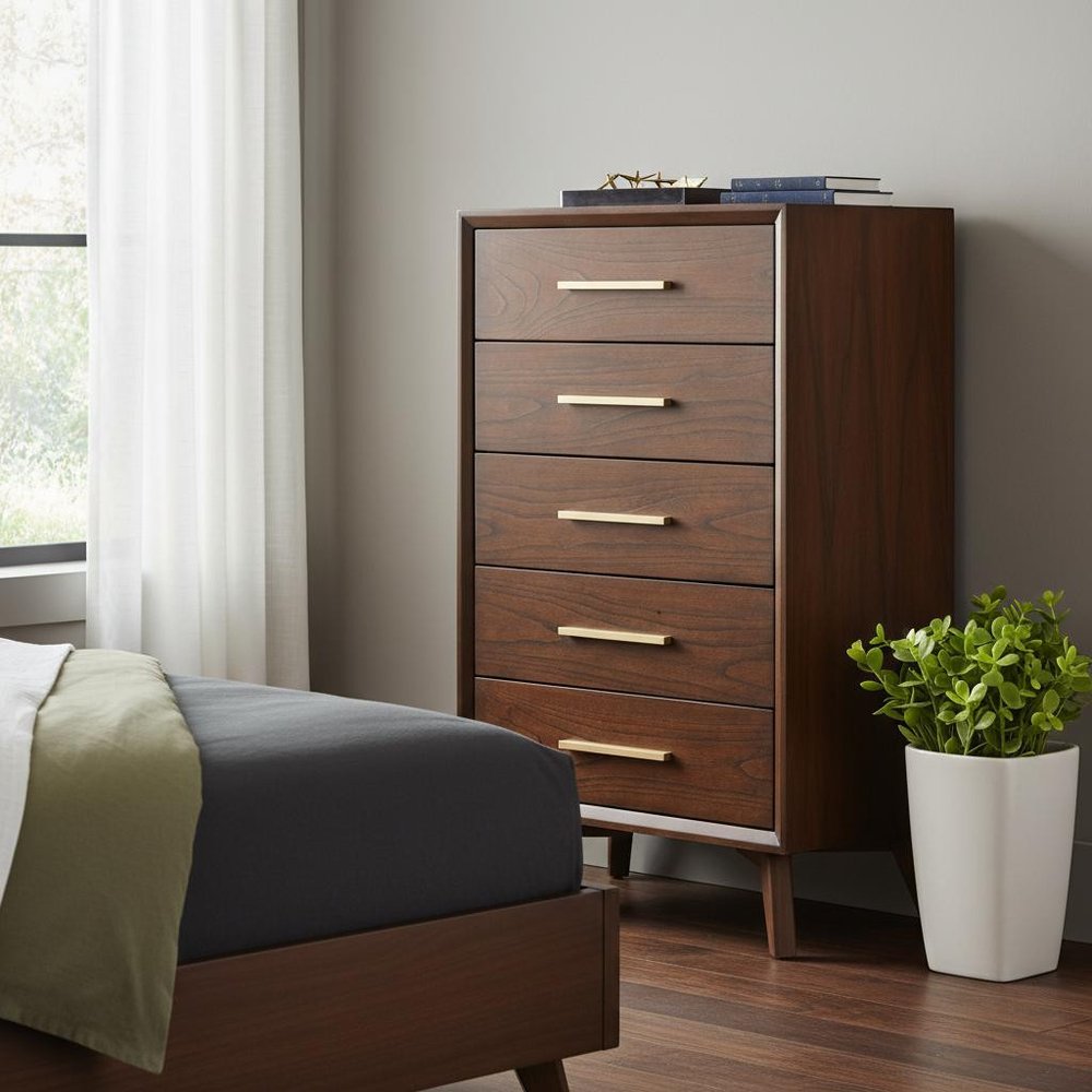 28" Walnut Solid Wood Five Drawer Chest HomeRoots