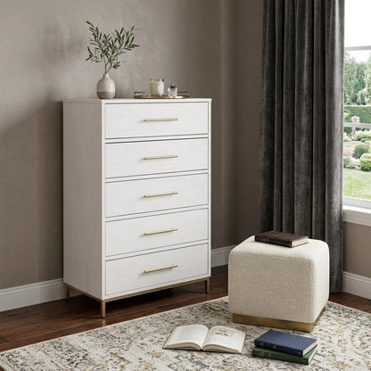 30" White Solid Wood Five Drawer Dresser