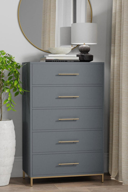 33" Dark Gray Solid Wood Five Drawer Dresser