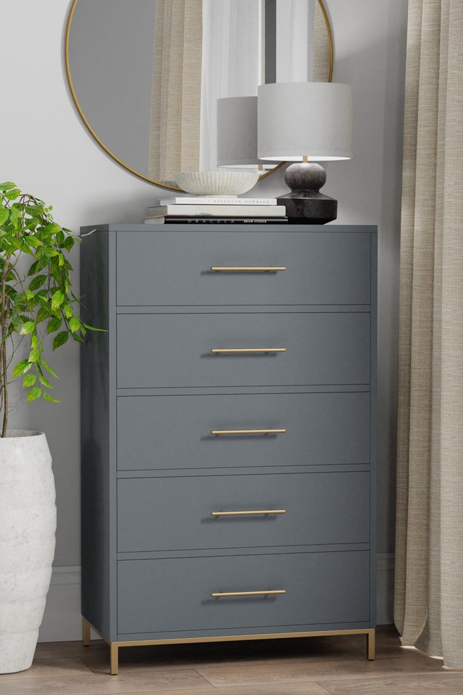 33" Gray Solid Wood Five Drawer Dresser HomeRoots