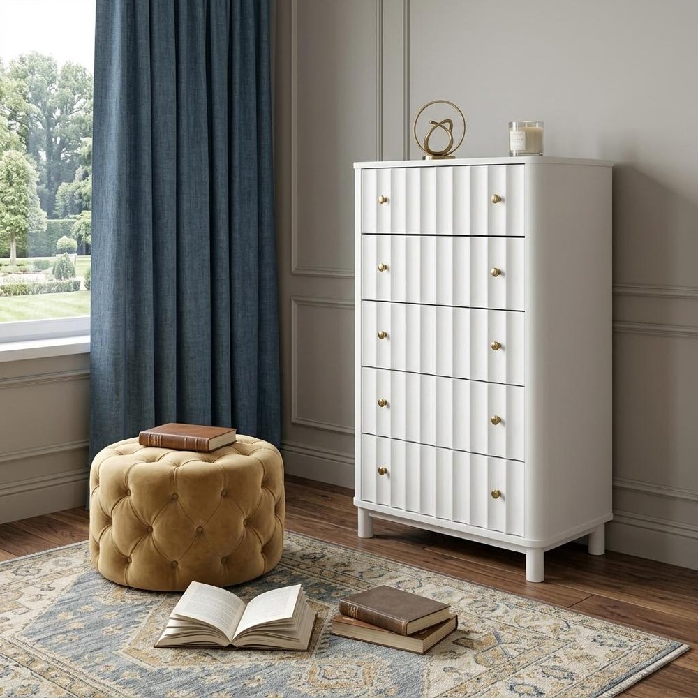 28" White Solid Wood Five Drawer Dresser HomeRoots