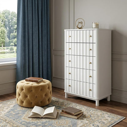 28" White Solid Wood Five Drawer Dresser HomeRoots