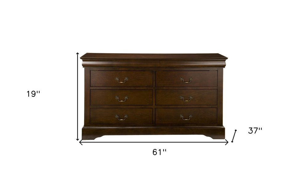 60" Brown Solid Wood Six Drawer Double Dresser — view 3