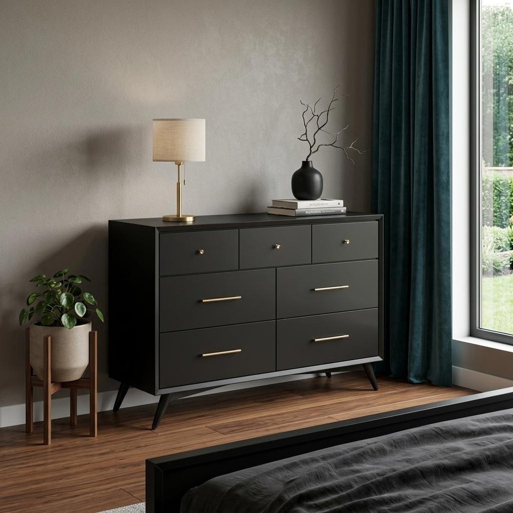 56" Black Solid Wood Seven Drawer Double Dresser HomeRoots