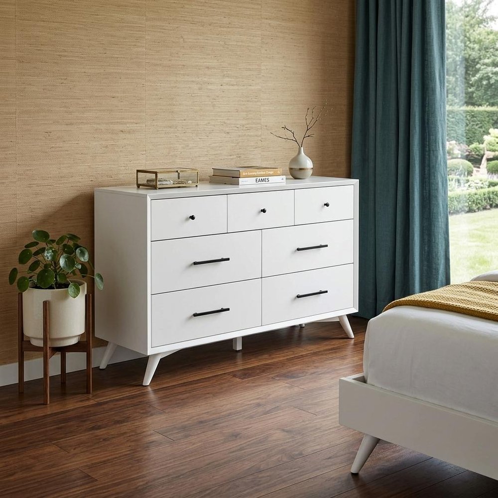 56" White Solid Wood Seven Drawer Double Dresser HomeRoots