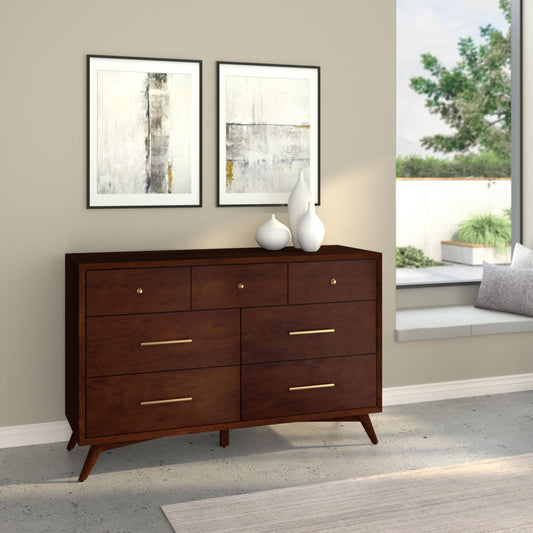 60" Walnut Solid Wood Seven Drawer Double Dresser