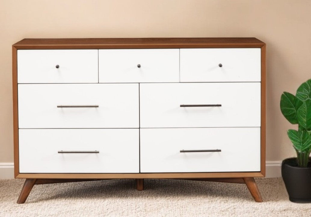 56" Brown and White Solid Wood Seven Drawer Double Dresser