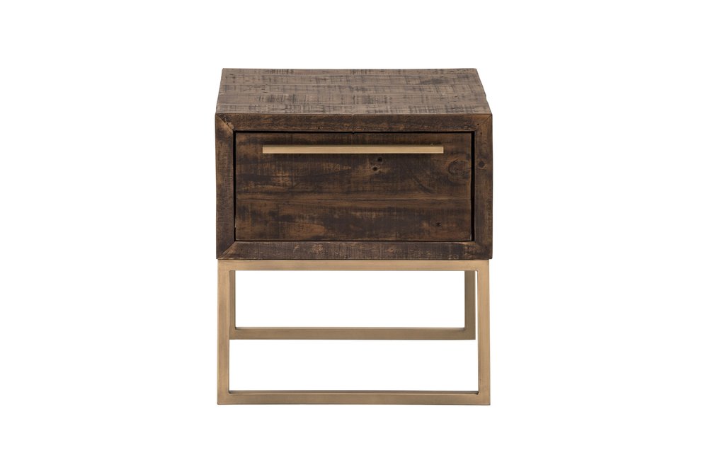 18" Antiqued Brass And Brown Reclaimed Wood End Table With Drawer HomeRoots