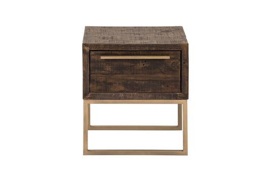 18" Antiqued Brass And Brown Reclaimed Wood End Table With Drawer HomeRoots