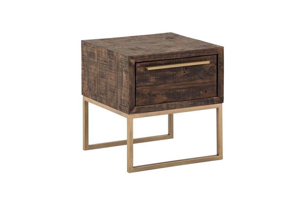 18" Antiqued Brass And Brown Reclaimed Wood End Table With Drawer HomeRoots