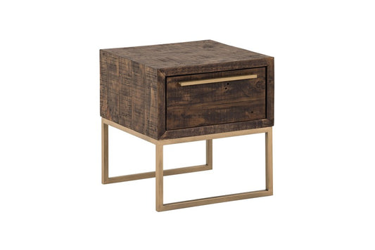 18" Antiqued Brass And Brown Reclaimed Wood End Table With Drawer HomeRoots