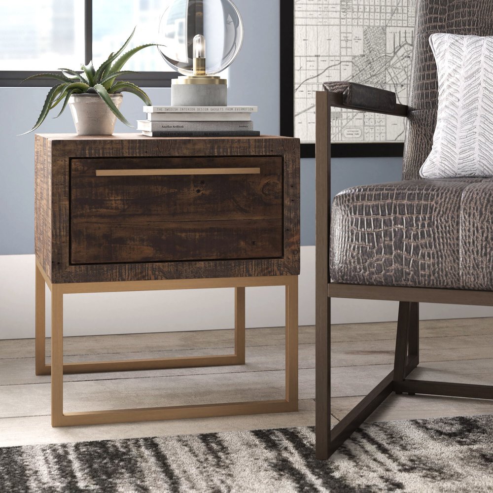 18" Antiqued Brass And Brown Reclaimed Wood End Table With Drawer HomeRoots