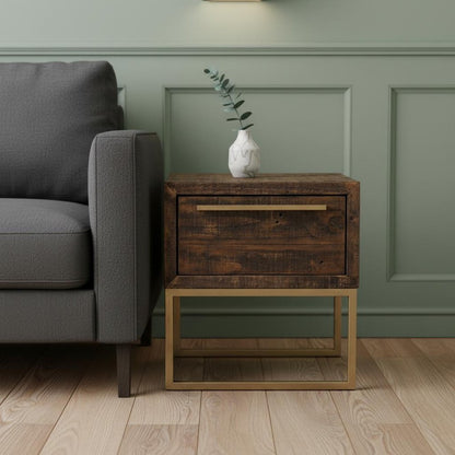 18" Antiqued Brass And Brown Reclaimed Wood End Table With Drawer HomeRoots