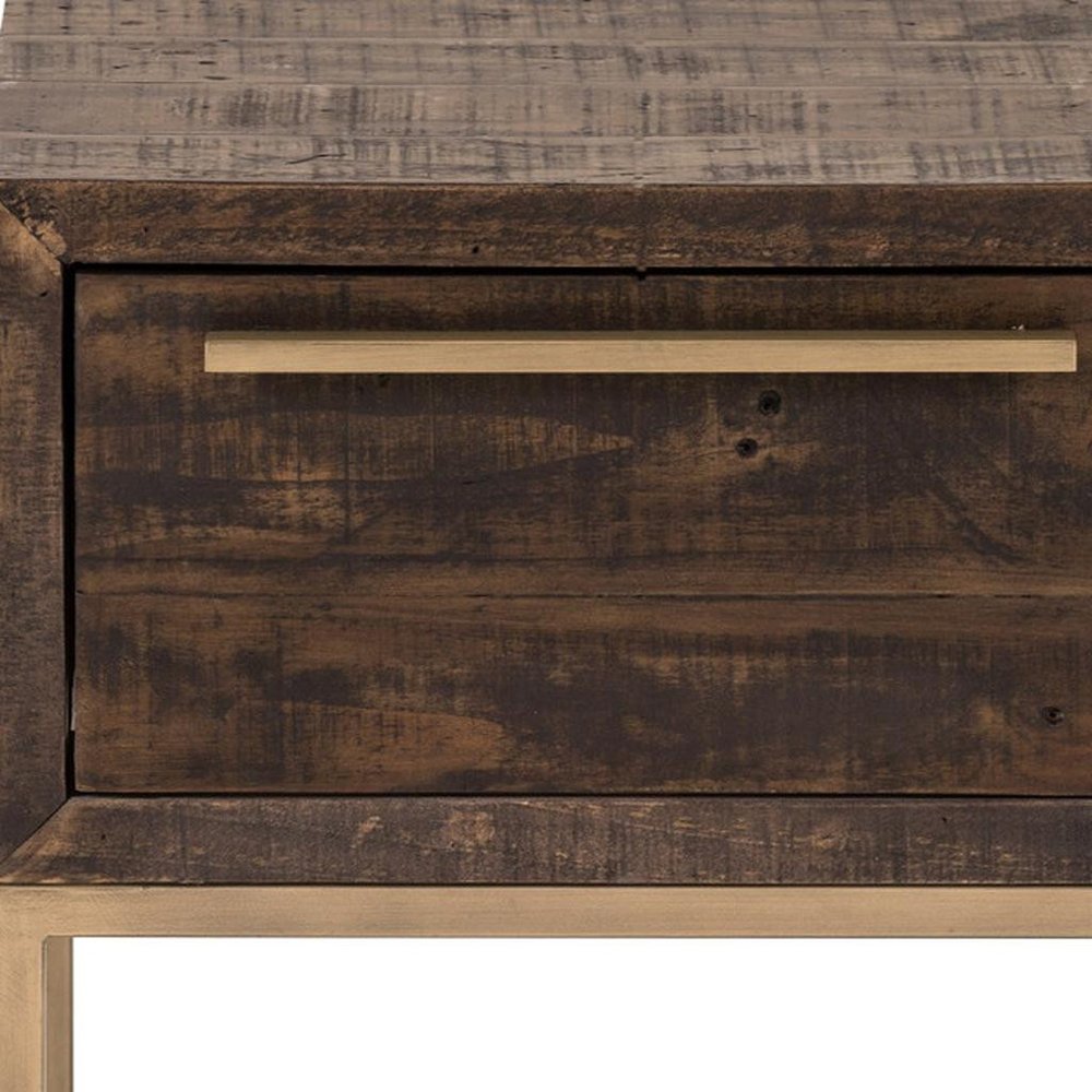 18" Antiqued Brass And Brown Reclaimed Wood End Table With Drawer HomeRoots